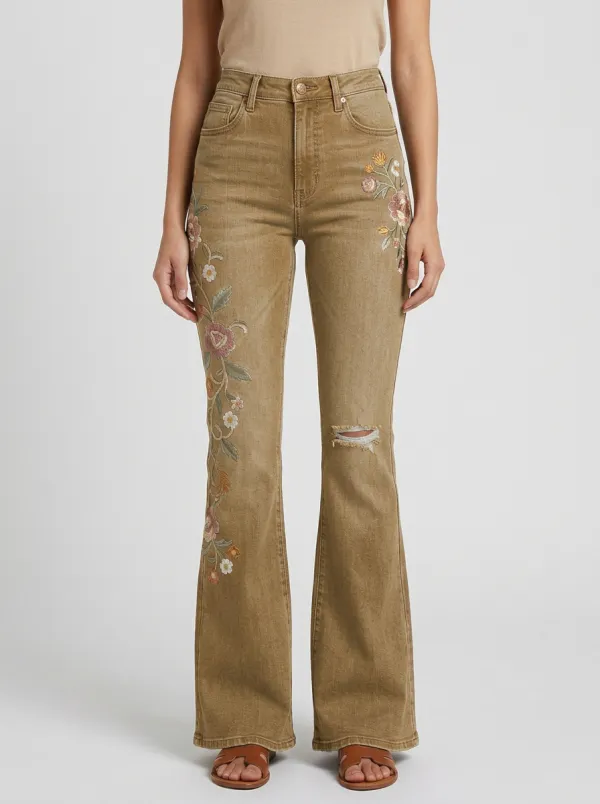 Women's Medium Wash Floral Embroidery High-Rise Distressed Flare Jeans