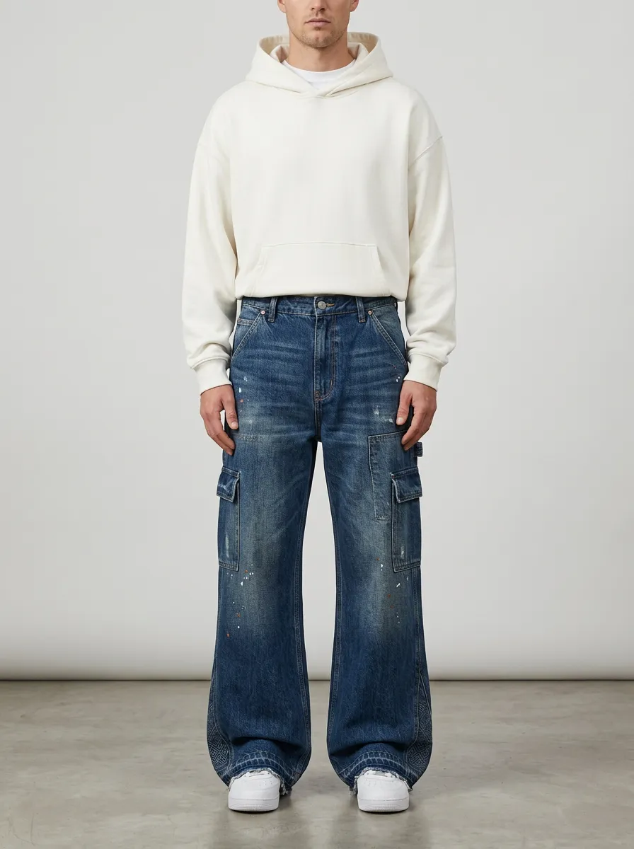 Men's Paint Splatter Distressed Wide Leg Cargo Jeans