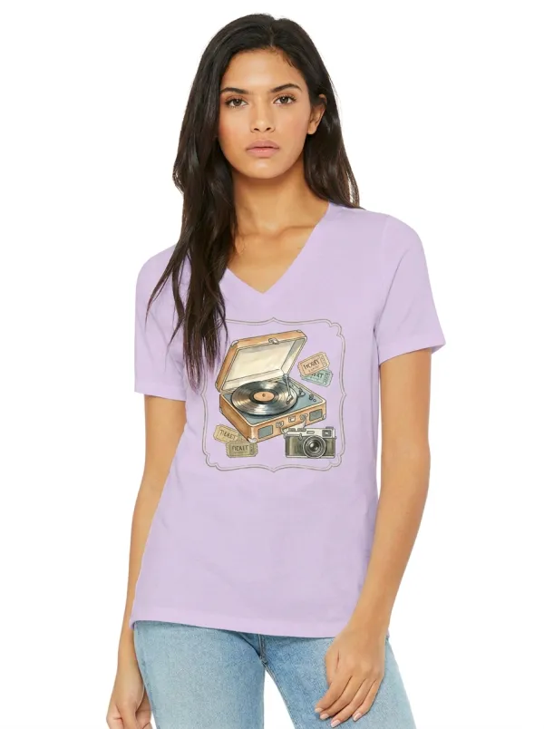 Women's Vintage Music Record Player Graphic V-Neck T-Shirt