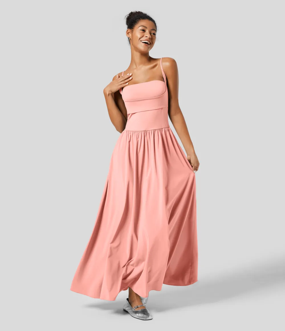 Breezeful Backless Side Pocket Plicated Flowy Flare Maxi Quick Dry Casual Slip Dress