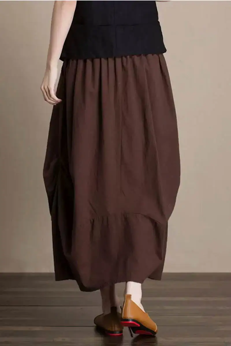 Classic Linen Cotton Elastic Waist Midi Skirt