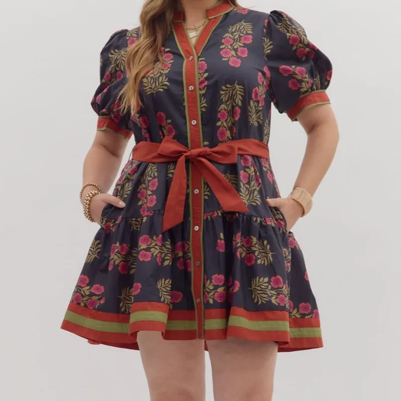 Classic Floral Striped Ruffle Detail Puff Sleeve Dress