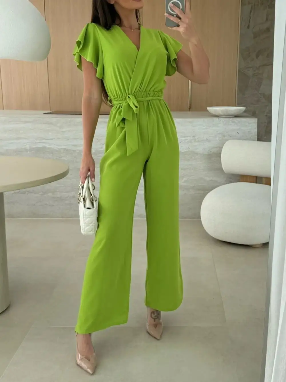 Surplice Wide Leg Belted Jumpsuit