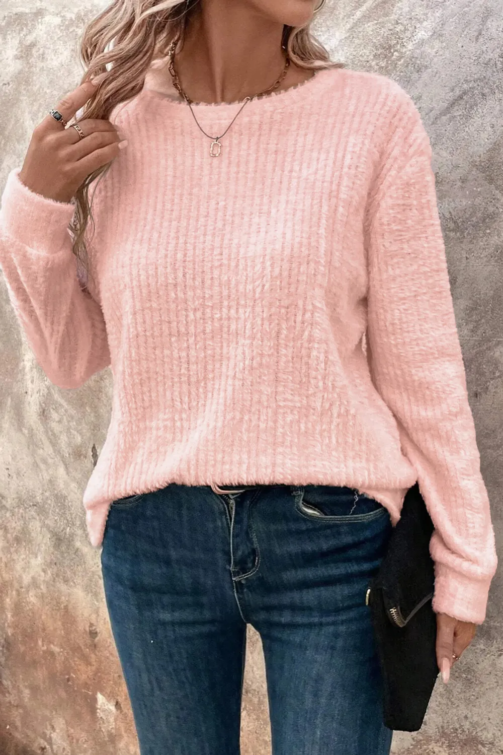 Light Pink Fuzzy Ribbed Texture Top