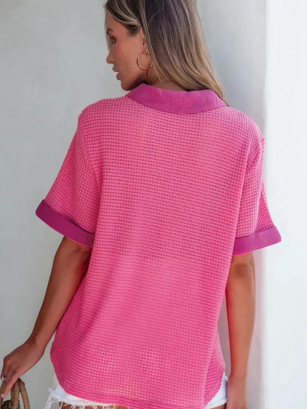 Gauze Waffle-Knit Button-Down Short Sleeve Shirt