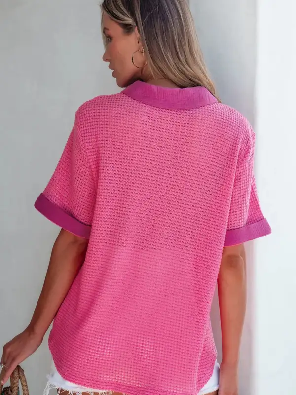 Gauze Waffle-Knit Button-Down Short Sleeve Shirt