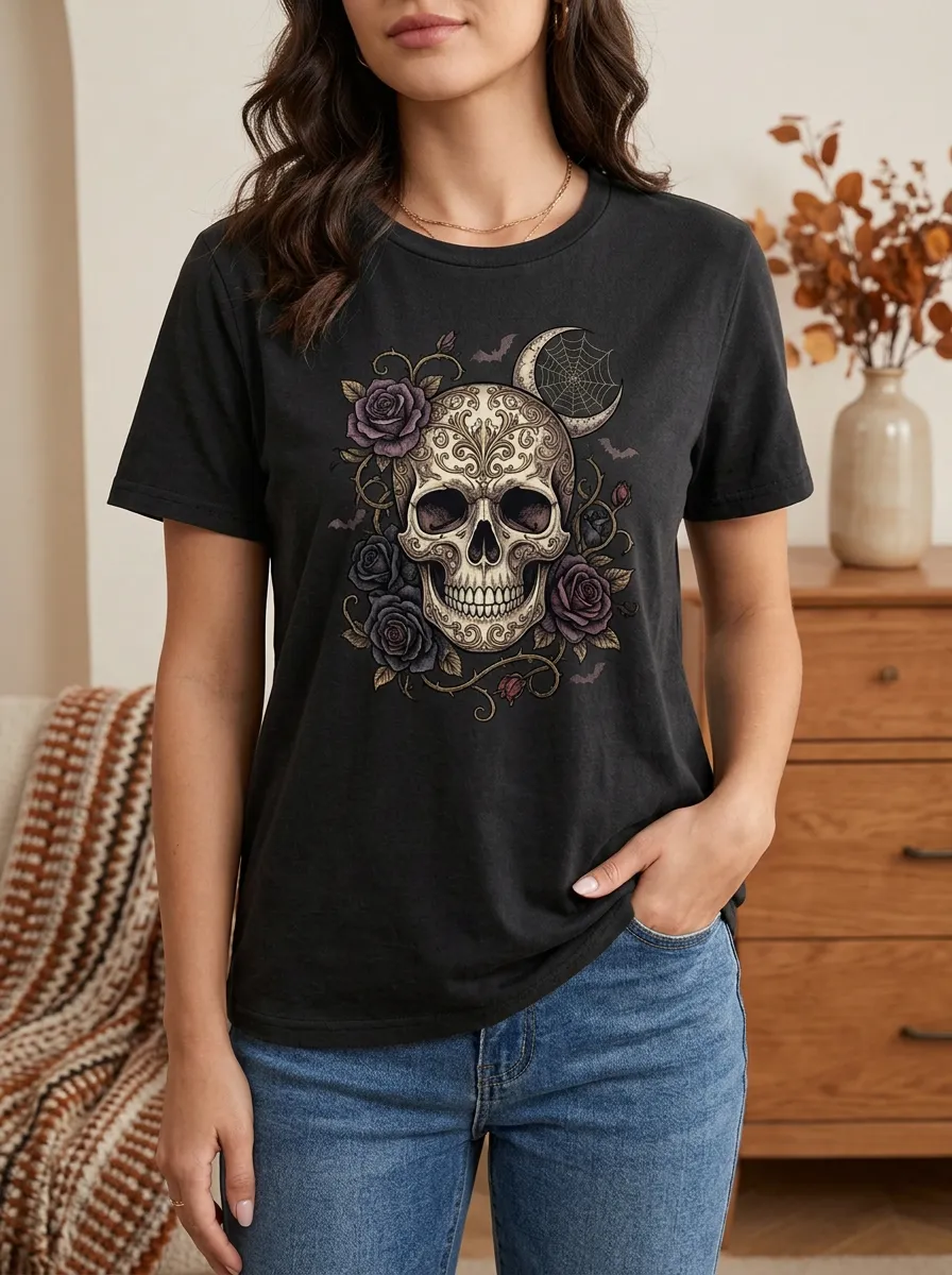 Women's Halloween Skull Floral Moon Printed T-shirt