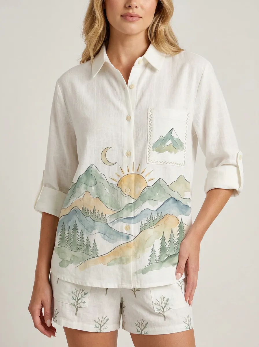 Women's Nature Mountain Sun Moon Graphic Button-up Shirt Tank Top
