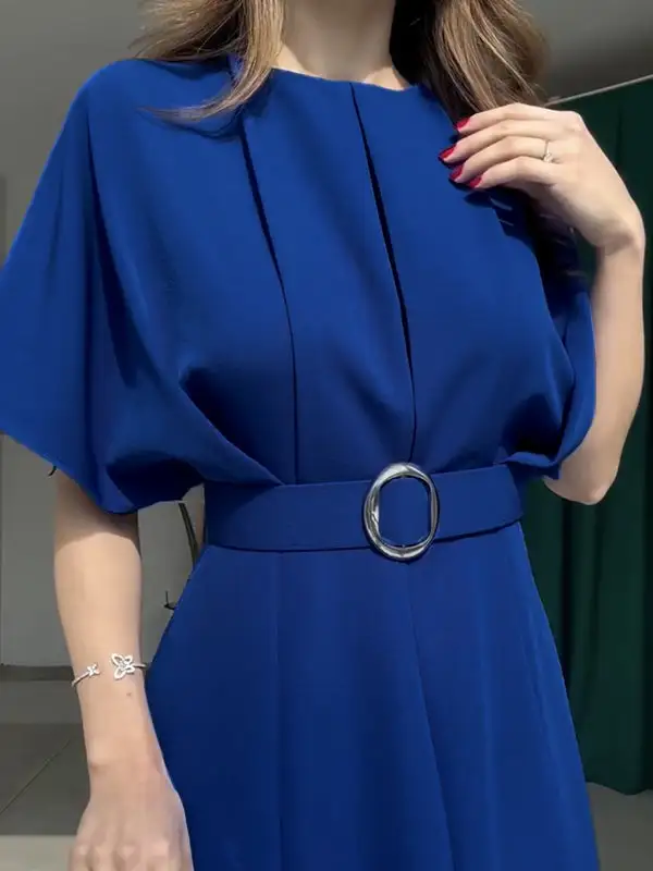 Split Pleated Sleeve Neck Maxi Dress