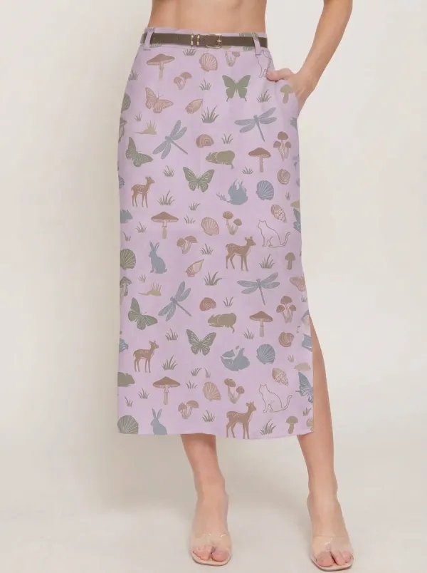 Women's Cottagecore Nature-Inspired Mushroom Butterfly Printed Midi Skirt