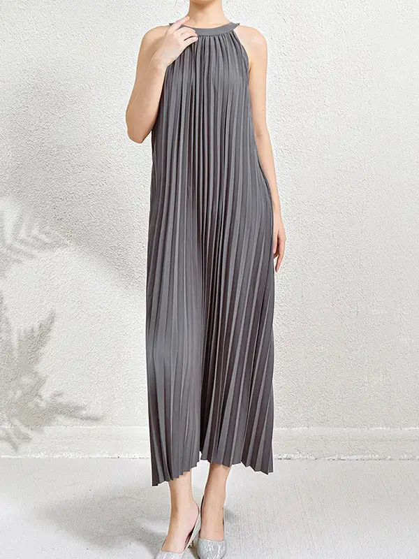 Loose Pleated Sleeveless Neck Maxi Dress