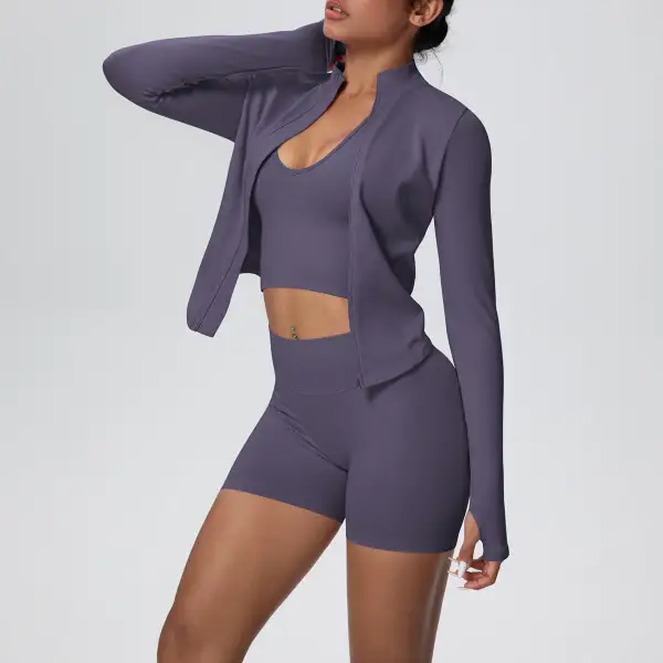 Long-Sleeve High-Waist Jacket, Bra and Vest Active Set