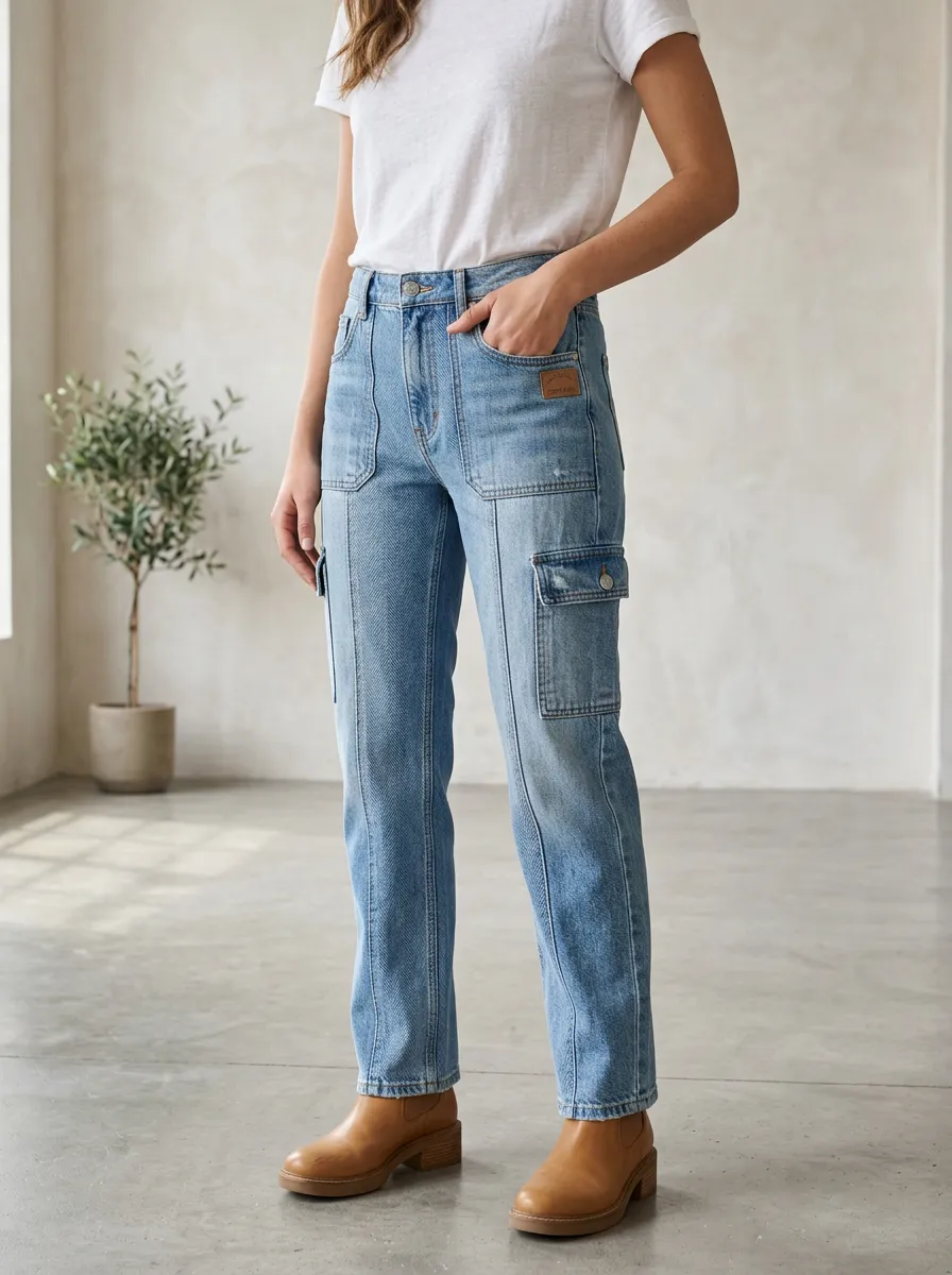 Women's Casual Vintage Light Wash Cargo Denim Pants