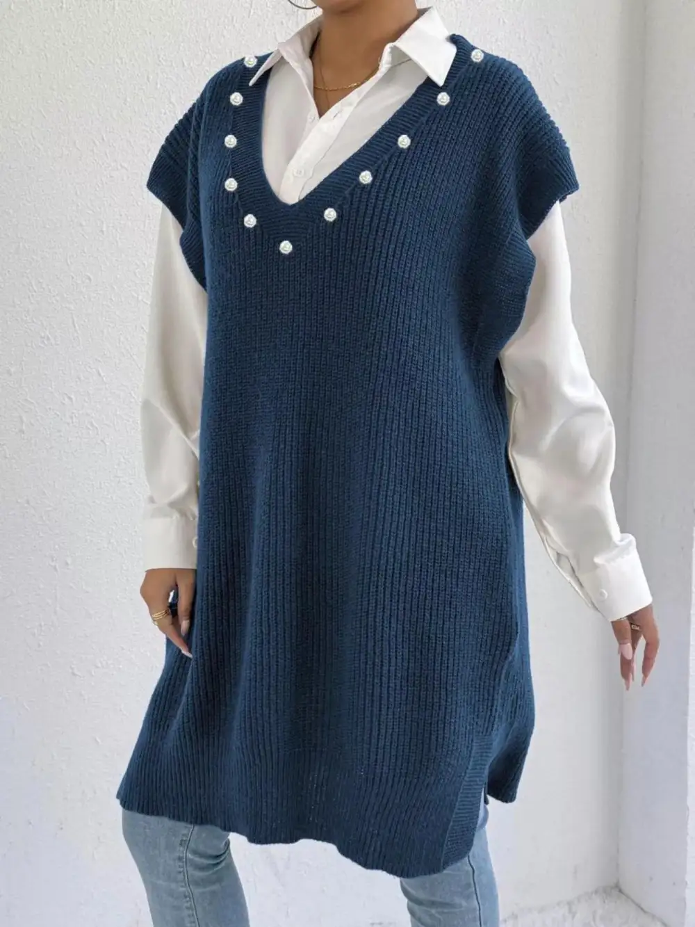 V Neck Slit Sweater Dress