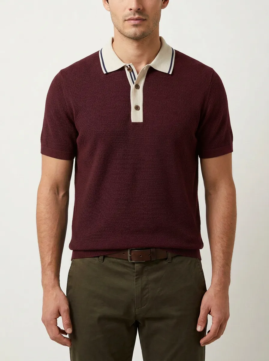 Men's Casual Navy Textured Contrast Collar Button Polo Shirt