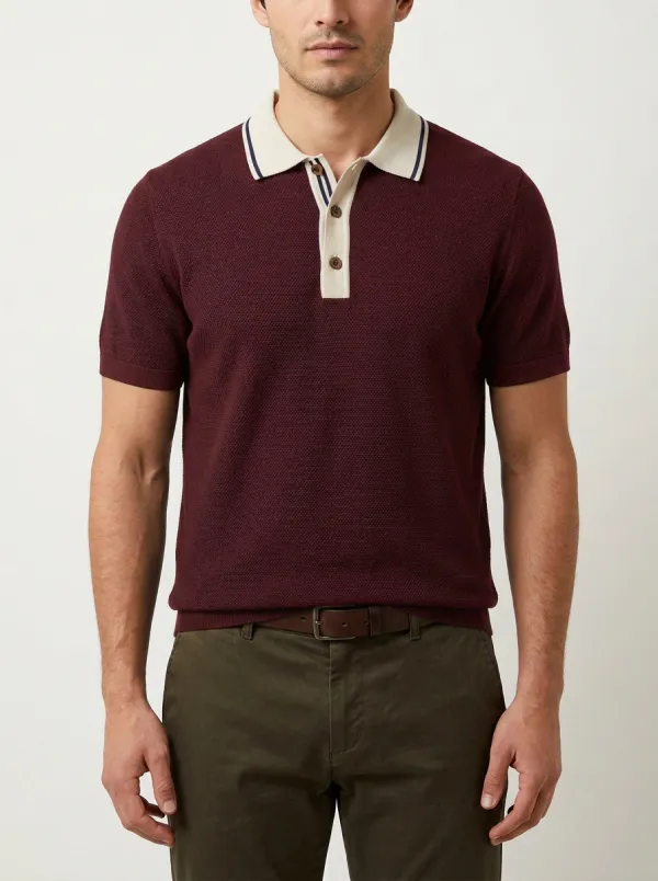 Men's Casual Navy Textured Contrast Collar Button Polo Shirt