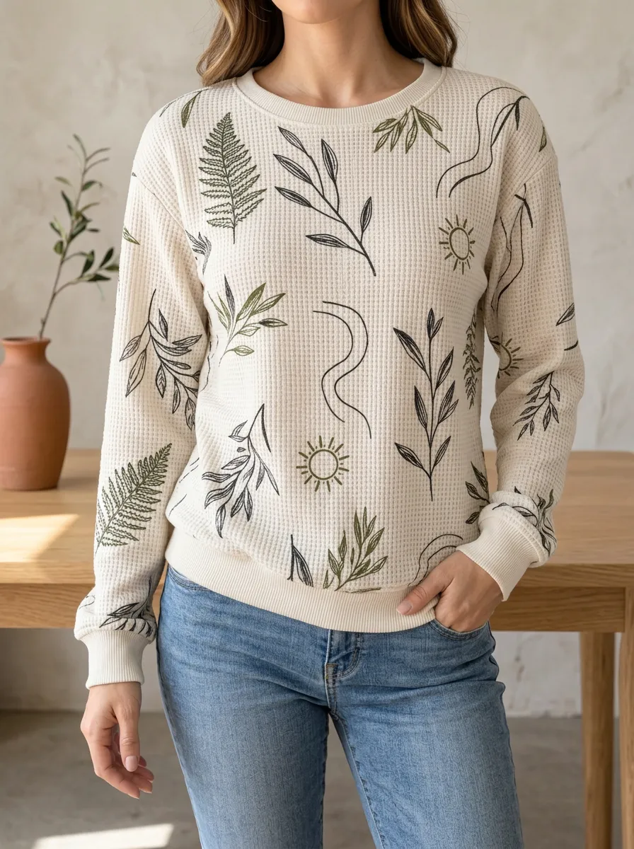 Women's Botanical Sun Fern Graphic Waffle Knit Crewneck Sweatshirt
