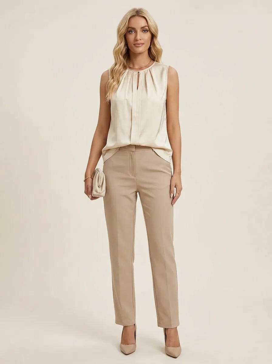 Pleated Keyhole Sleeveless Blouse