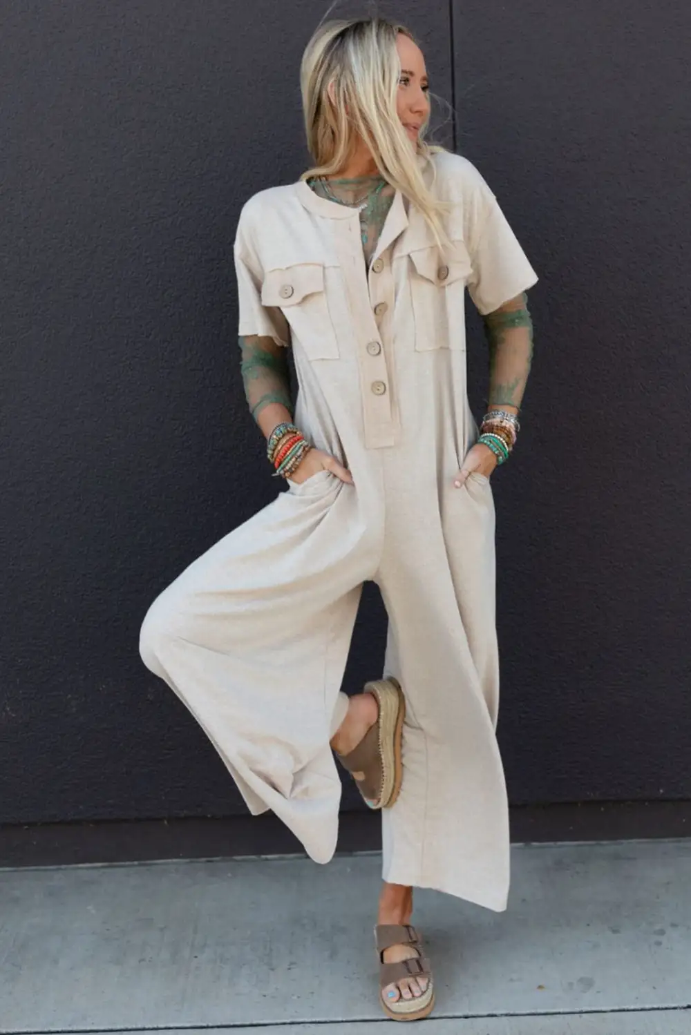 Half Placket Chest Pockets Short Sleeve Shorts
