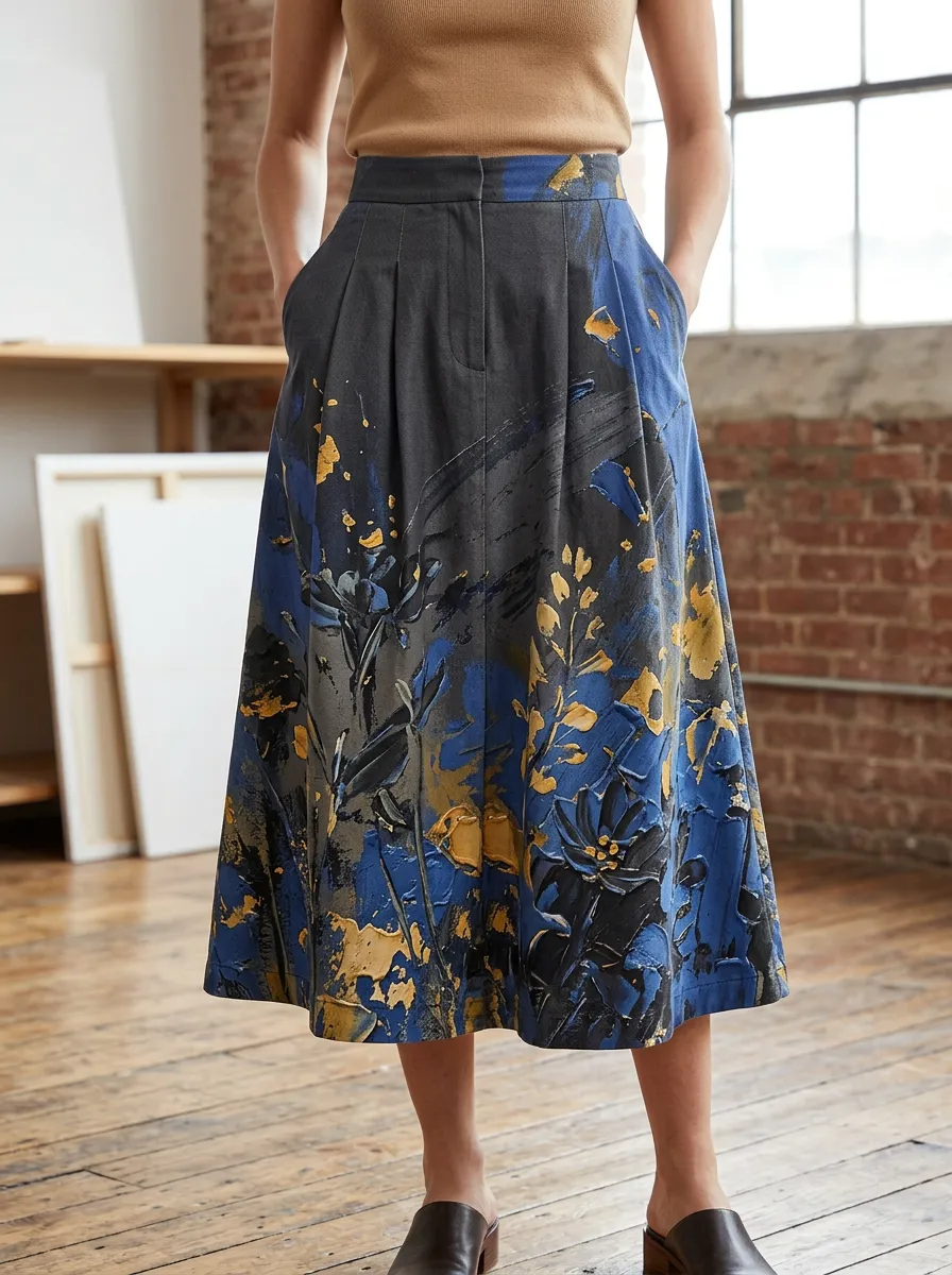 Women's Abstract Floral Art Blue Yellow Printed Midi Skirt