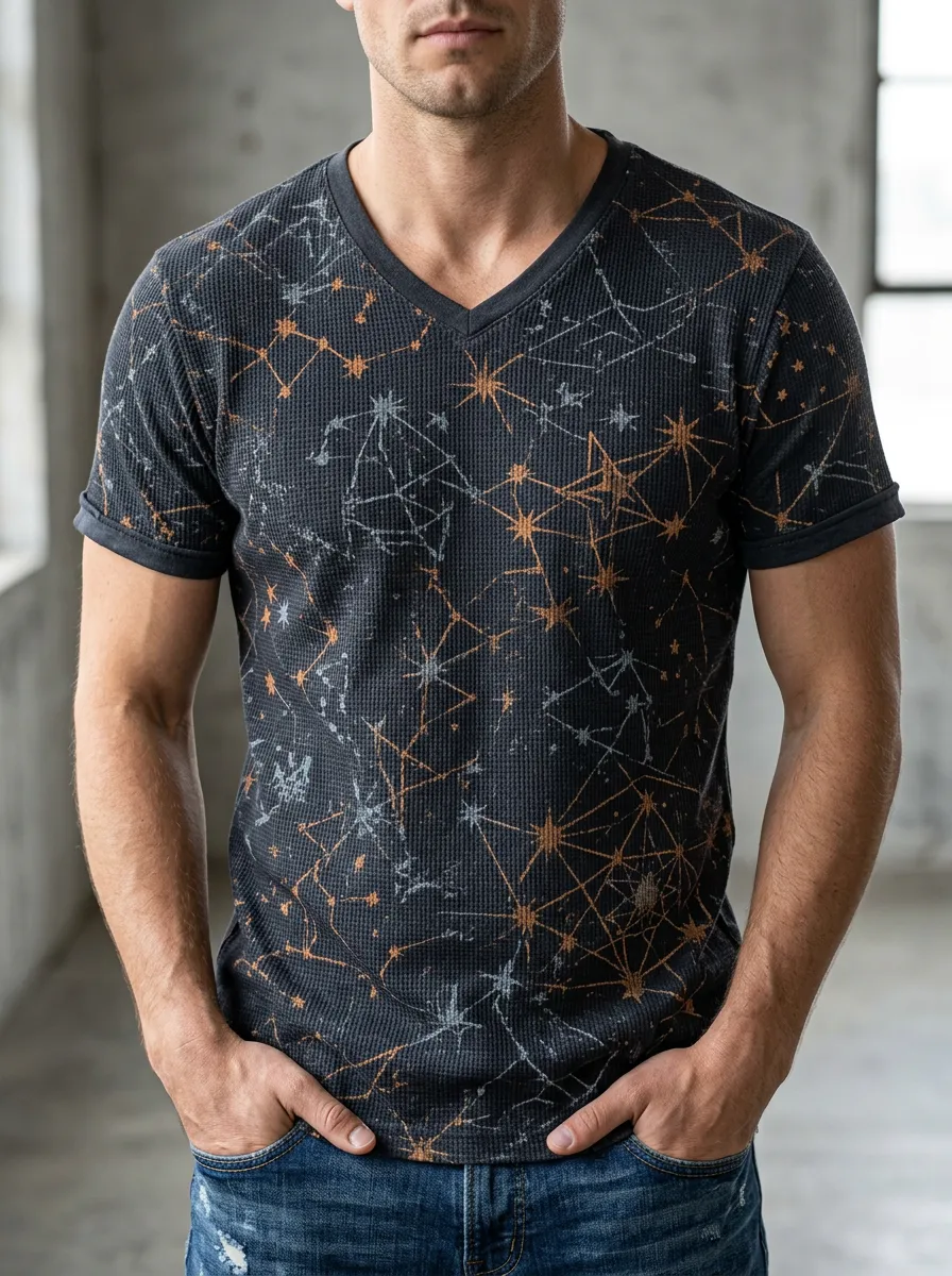 Men's Astronomy Lover Constellation Printed V-Neck T-Shirt