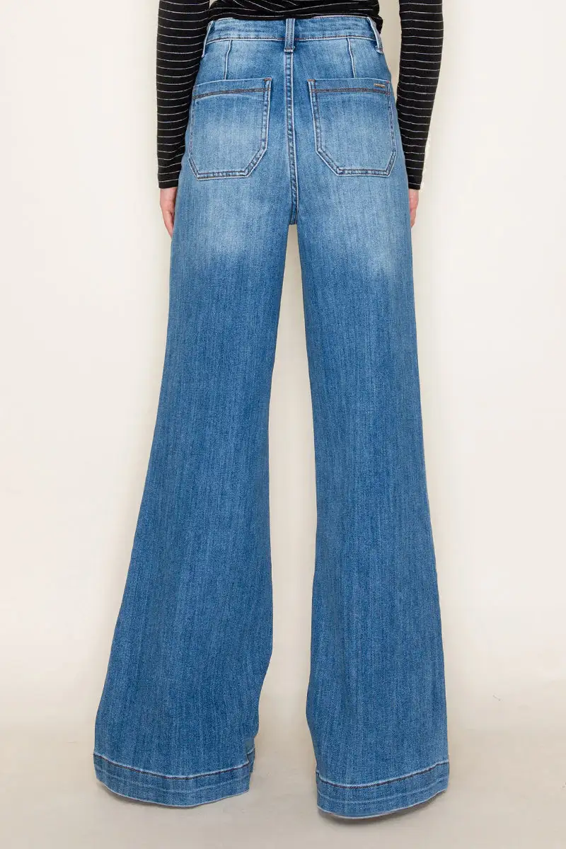 Women's High Rise Patch Pocket Wide Leg Stretch Denim Jeans