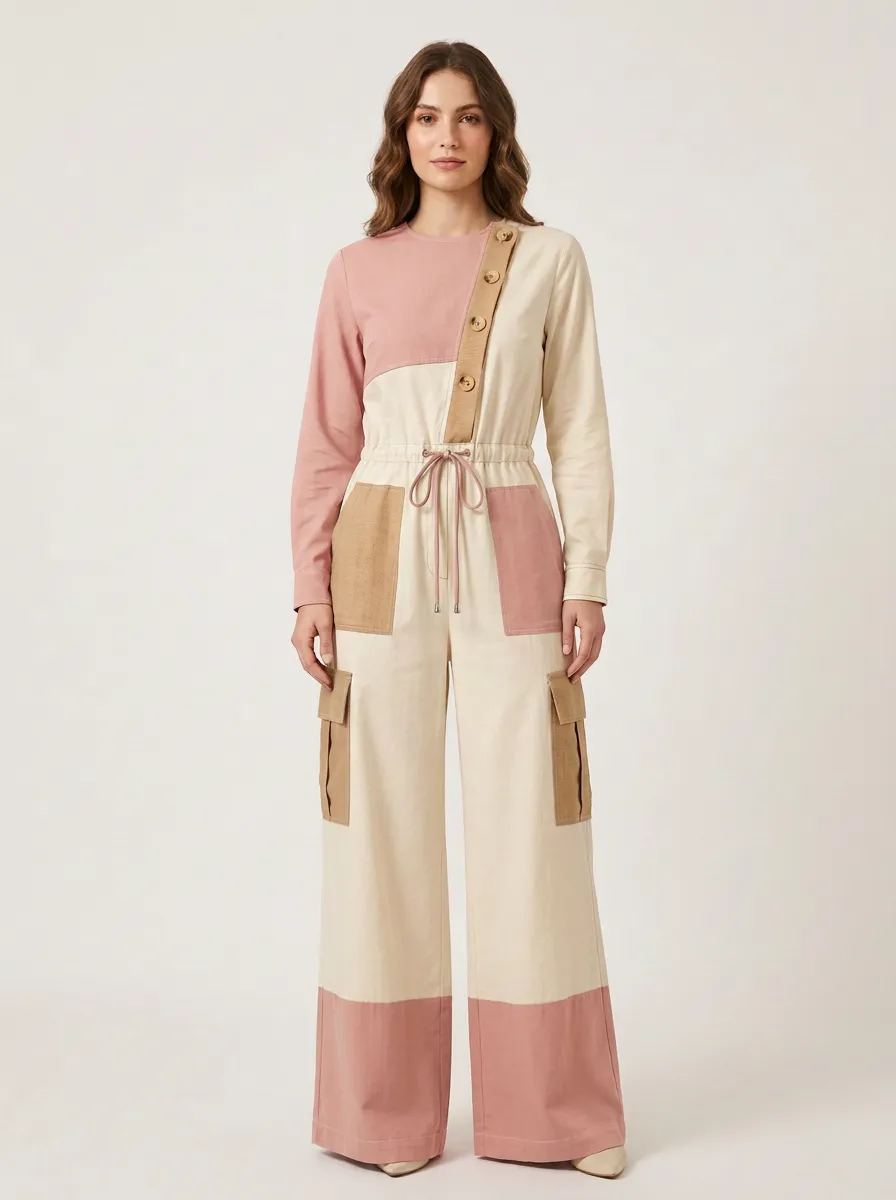 Women's Patchwork Colorblock Cargo Graphic Jumpsuit