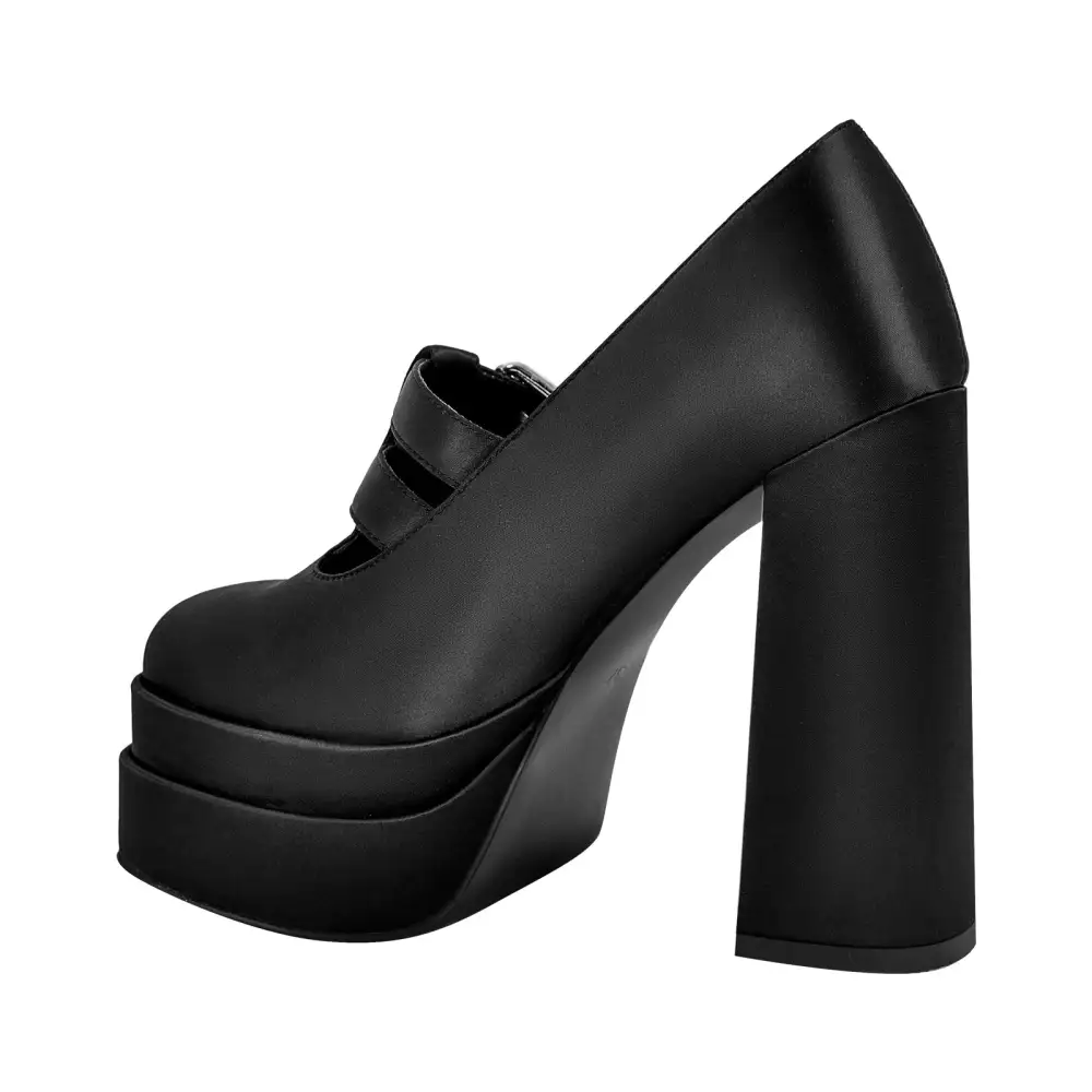 Square Toe Platform Chunky Heel Buckle Strap Pumps