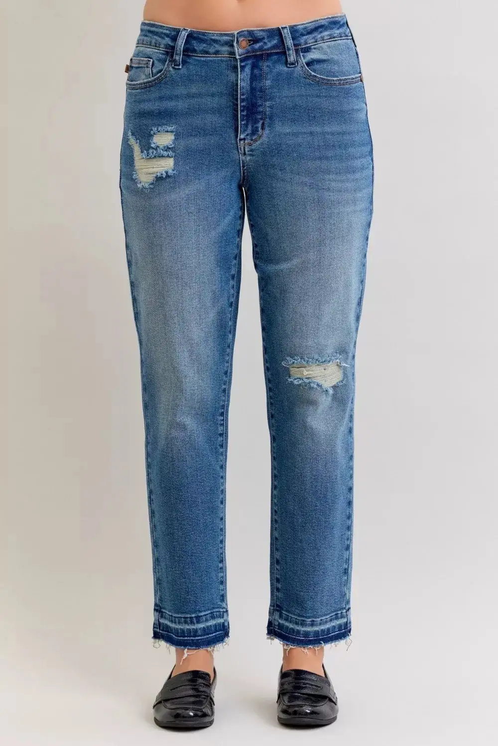 Mid Rise Raw Hem Distressed Boyfriend Jeans