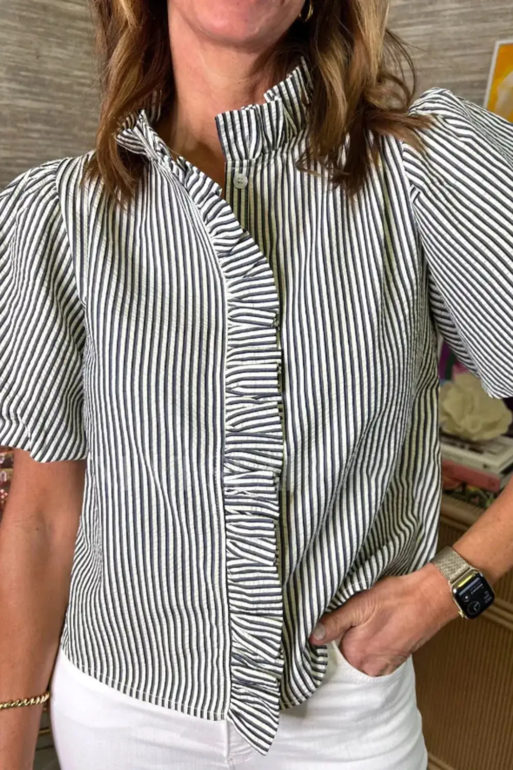 Striped Ruffle Bubble Short Sleeve Shirt
