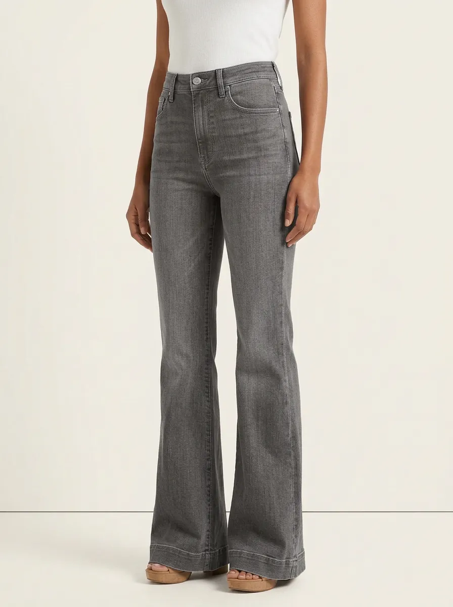 Five Pocket Contrast Stitch High Rise Flare Jeans
