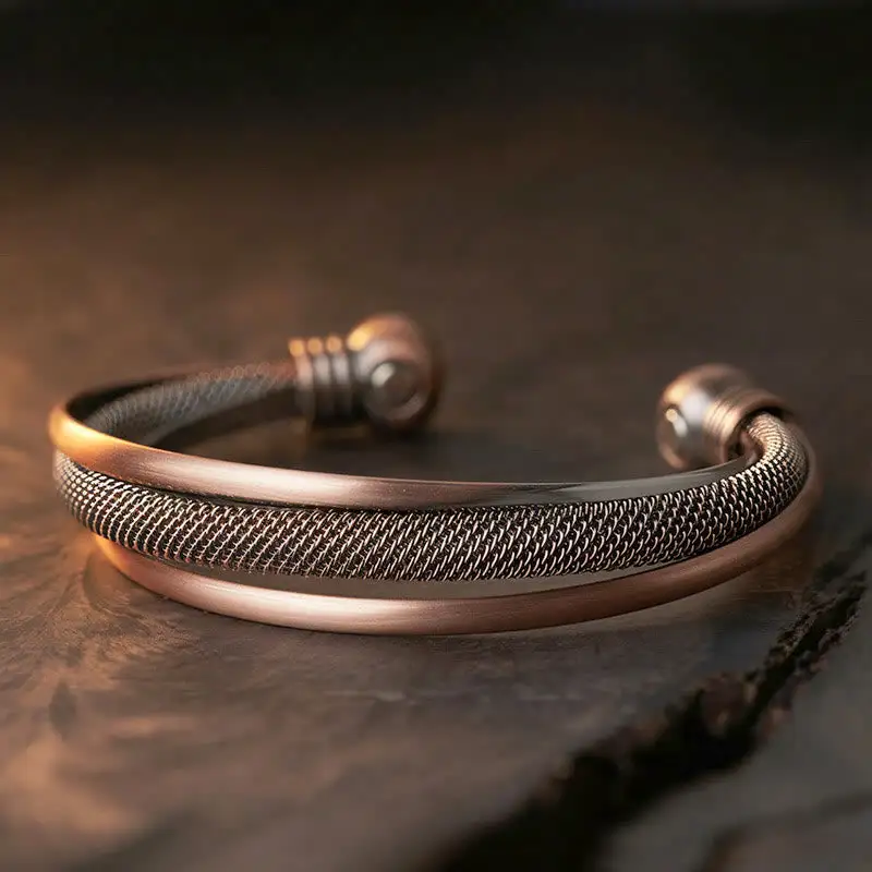 Retro Textured Flower Pattern Twisted Copper Bangle Bracelet