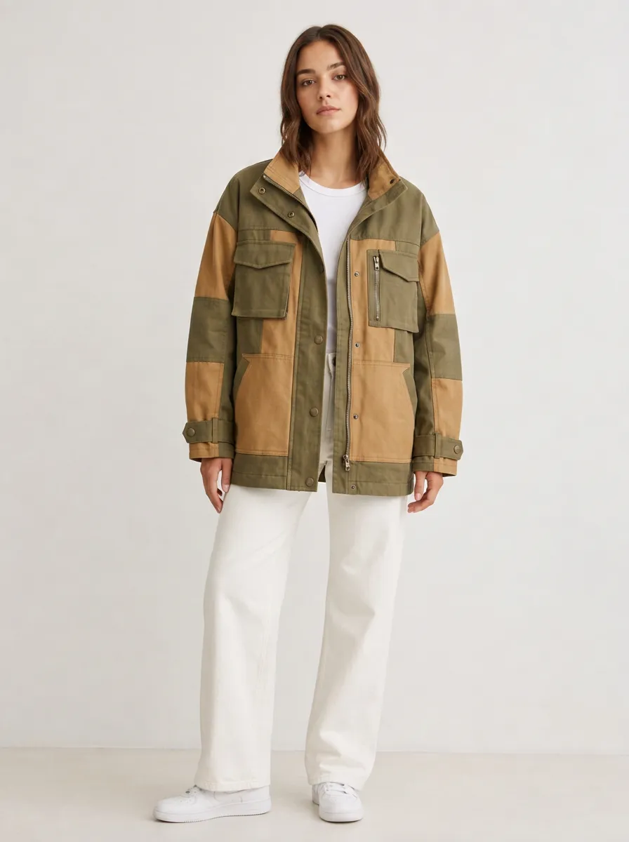 Women's Casual Outdoor Style Colorblock Utility Printed Jacket
