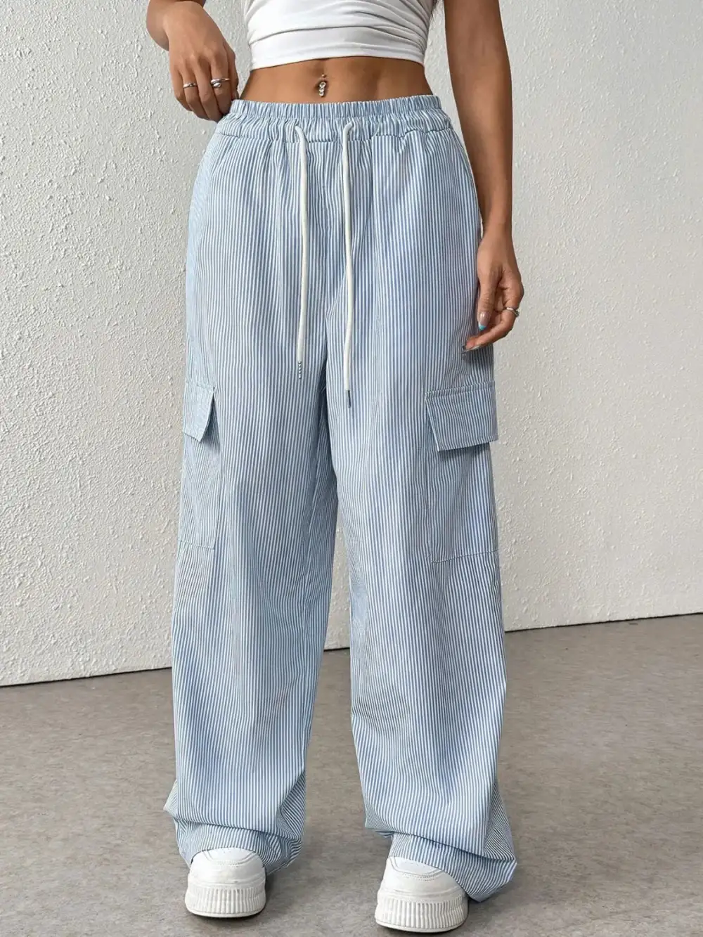Wide Leg Drawstring Striped Pocketed Cargo Pants