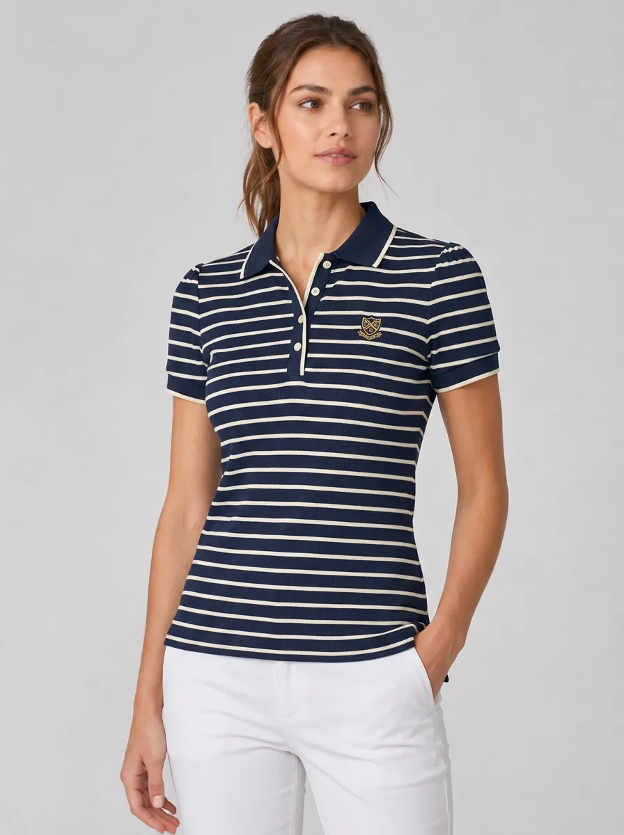 Women's Equestrian Lover Striped Crest Printed and Striped with Crest Detail Polo Shirt