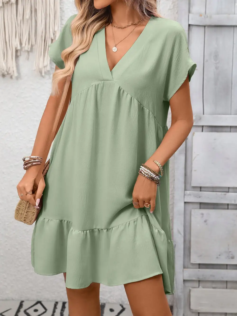 Elegant V Neck Ruffle Mini Dress