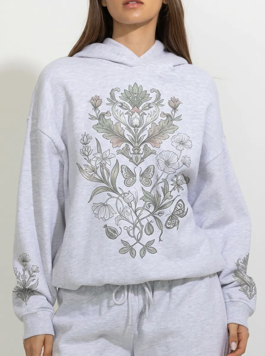 Women's Botanical Butterfly Floral Damask Printed Hoodie
