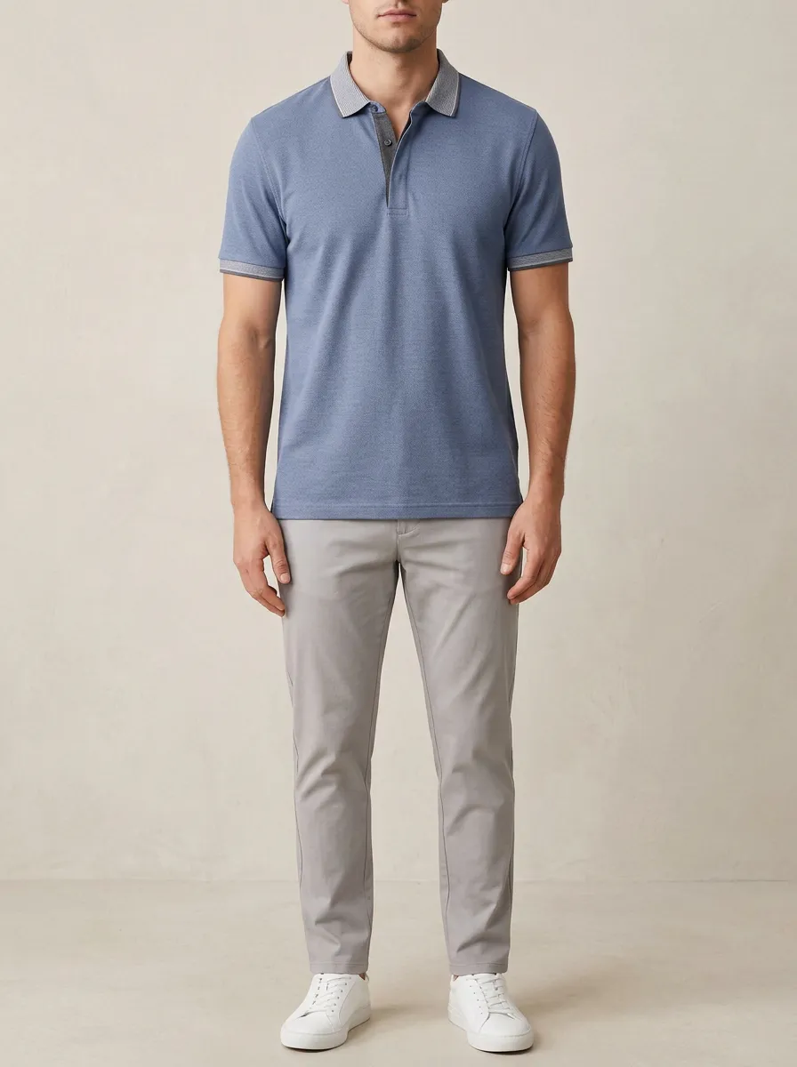 Men's Blue Textured Contrast Collar Polo Shirt