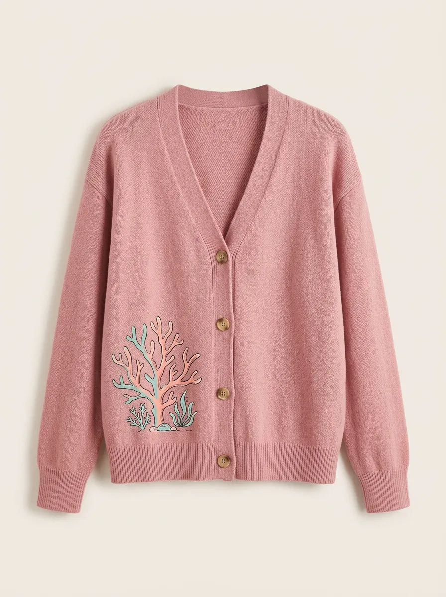 Women's V-Neck Graphic Rib-Trim Knitted Cardigan