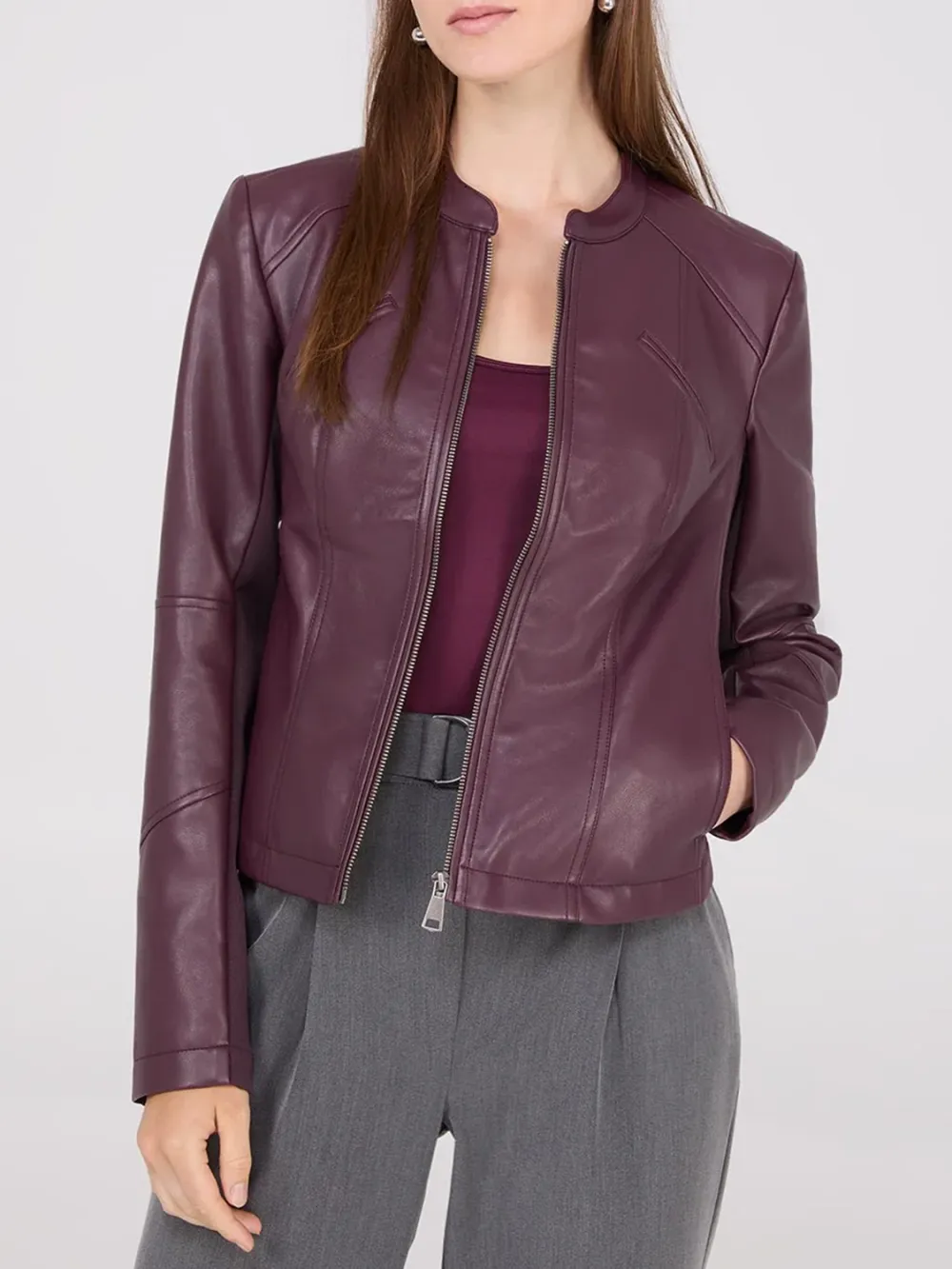 Collarless Faux Leather Coat