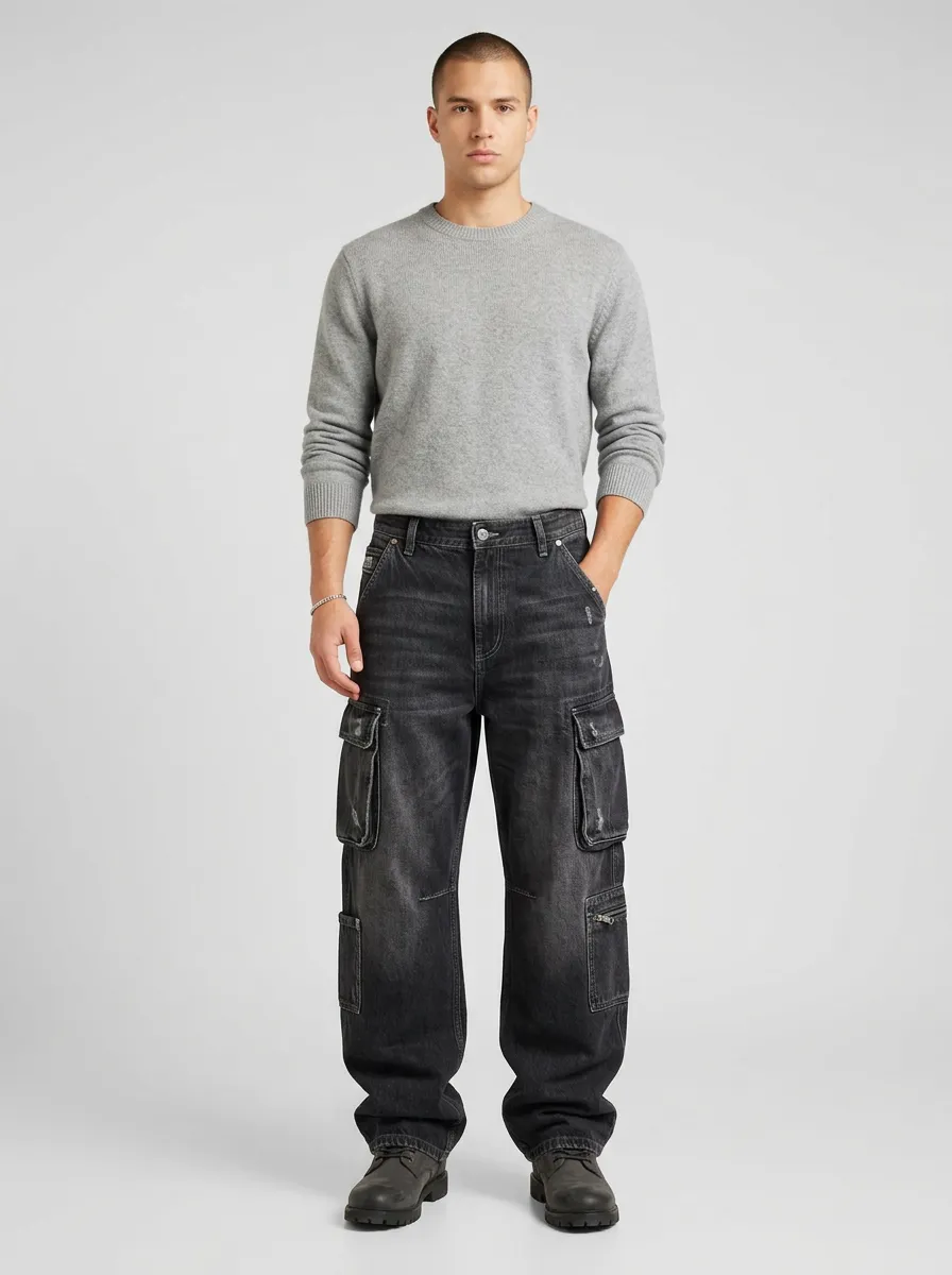 Men's Streetwear Washed Black Distressed Multi-Pocket Cargo Jeans