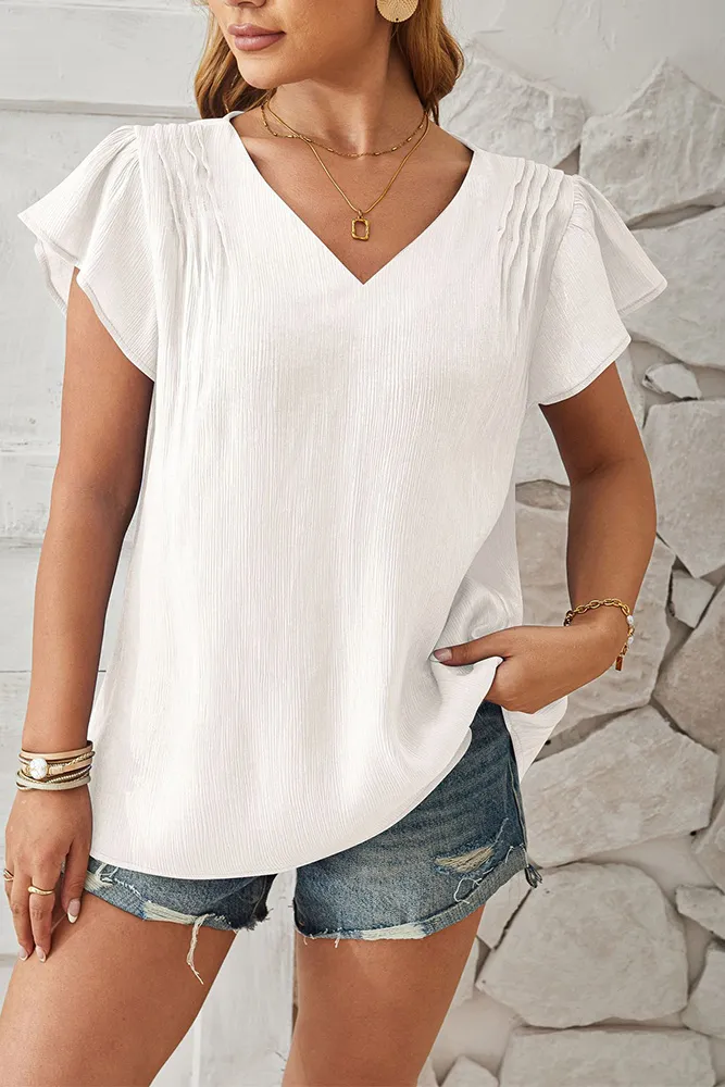 Texture V Neck Flare Sleeves Blouse