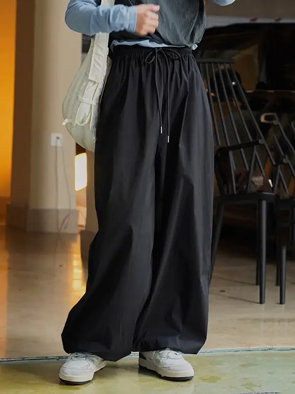 Women's Loose Fit Drawstring Pleated Patchwork Pants