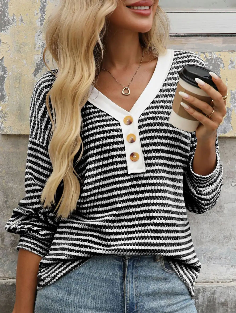 Button Down V Neck Top
