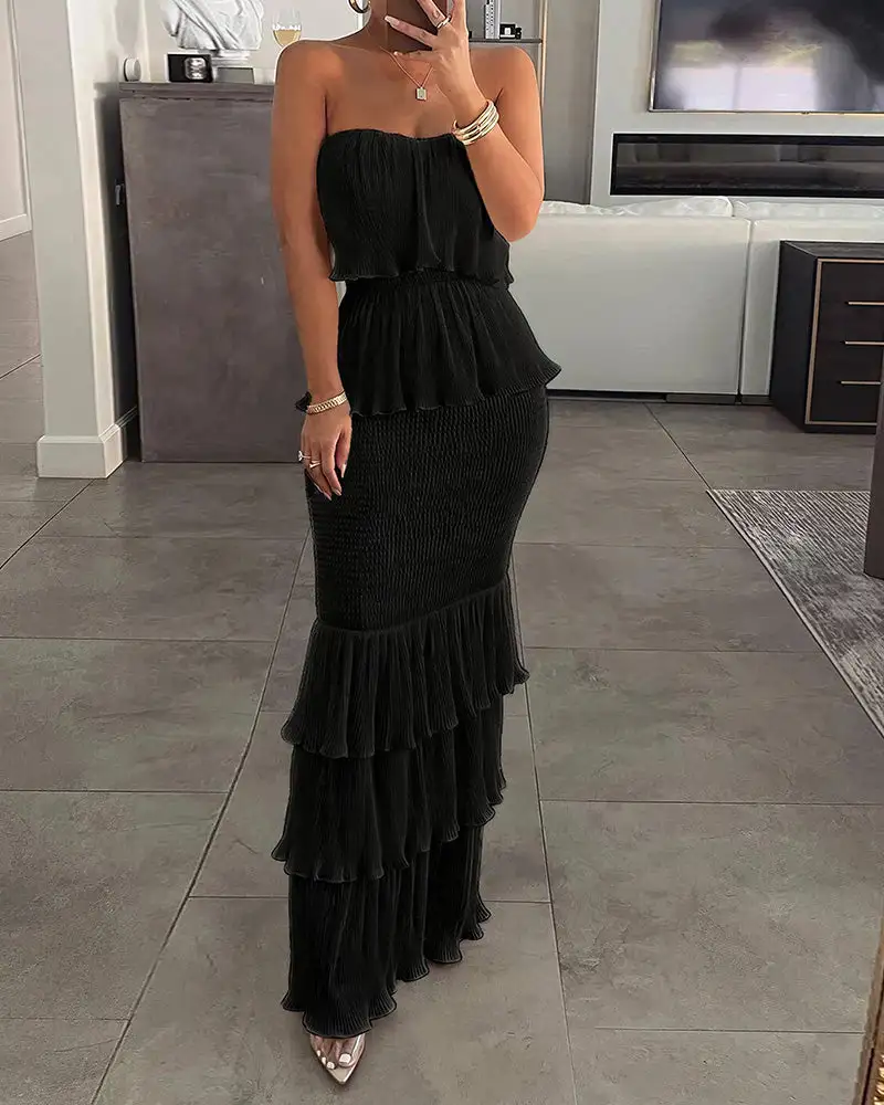 Strapless Smocked Tiered Ruffle Maxi Dress