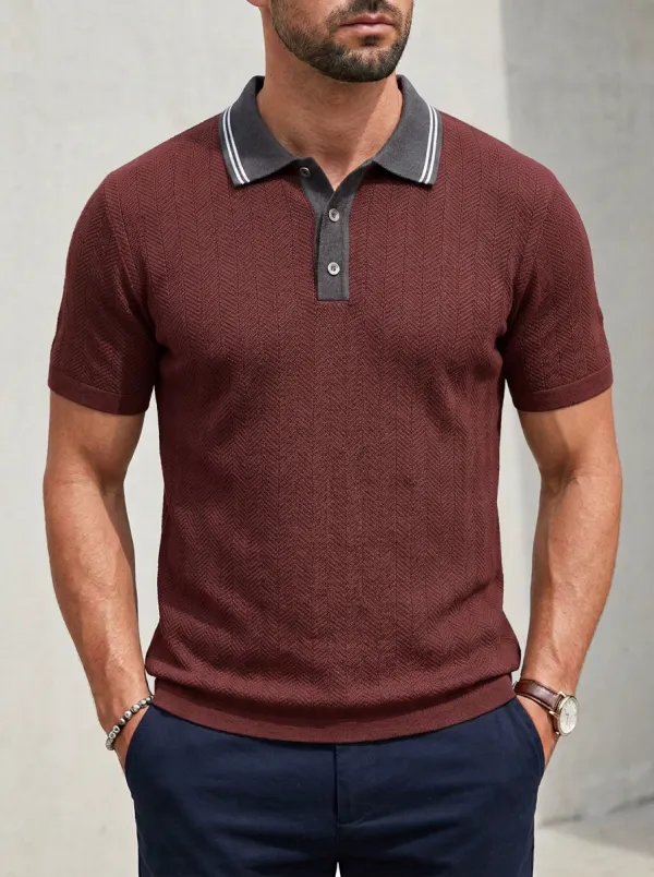 Men's Casual Olive Green Herringbone Textured Knit Polo Shirt