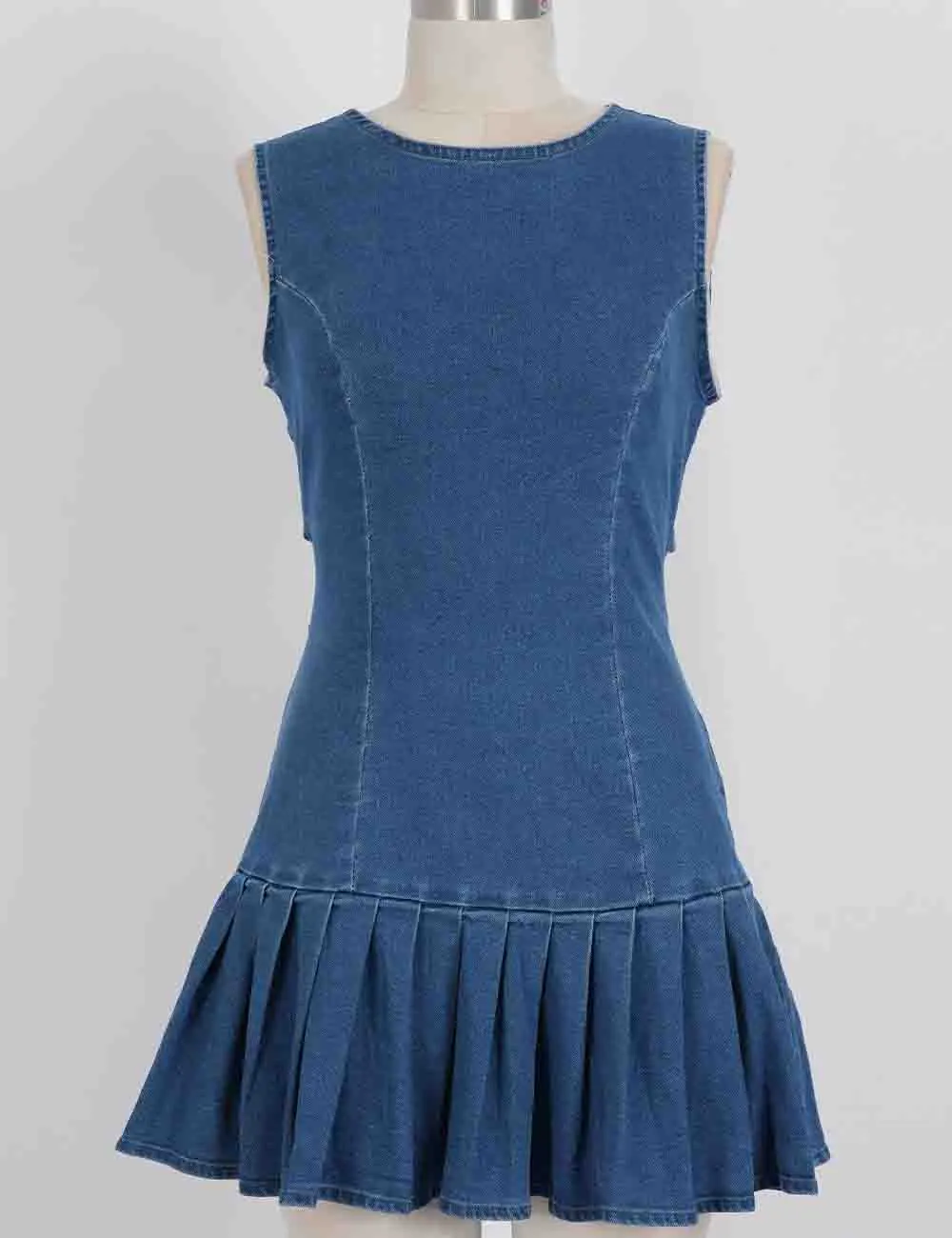 Back Pleated Sleeveless Denim Mini Dress