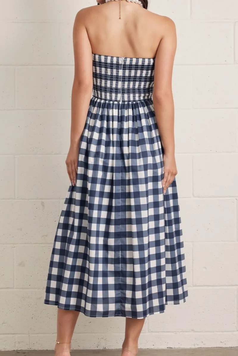 Gingham Strapless Pocket Midi Dress