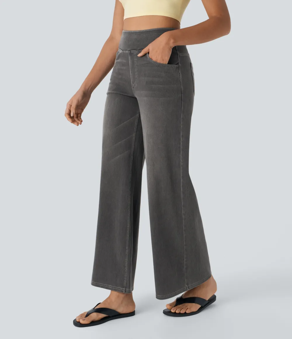 Magic High Waisted Multiple Pockets Wide Leg Washed Stretchy Knit Casual Jeans
