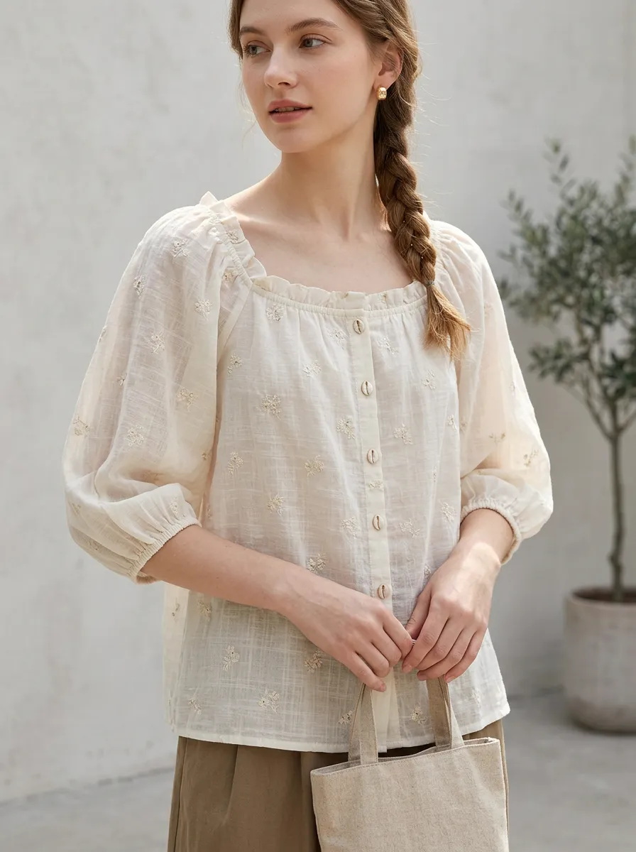 Embroidered Button-Front Women's Puff-Sleeve Blouse